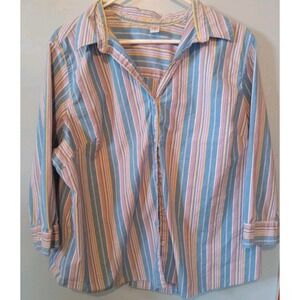 Womens  Izod‎ Striped Long Sleeve Button-Up Shirt 100% Cotton Blue yellow SZ 1X